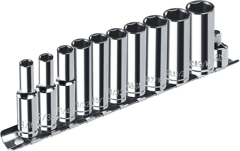 pgroup 1/4” Drive SAE Socket Set, 11PCS Deep Hex Socket Set (3/16”-9/16”), Cover Most Commonly Sizes, Chrome Vanadium Steel with 3/8”F to 1/4”M Socket Adapter - Image 1